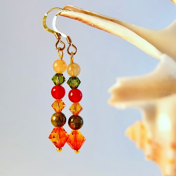 Agate, Unakite And Swarovski Crystal Earrings - Handmade In Devon