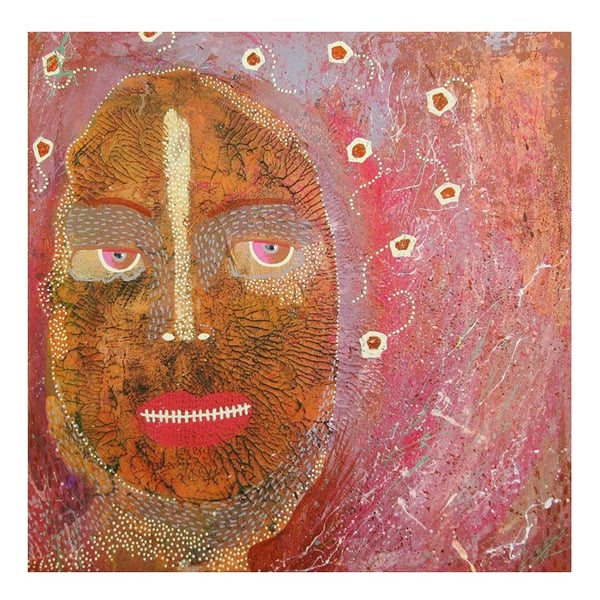 Weird Portrait Painting Abstract Primitive Folk Outsider Art Canvas Pink Brown