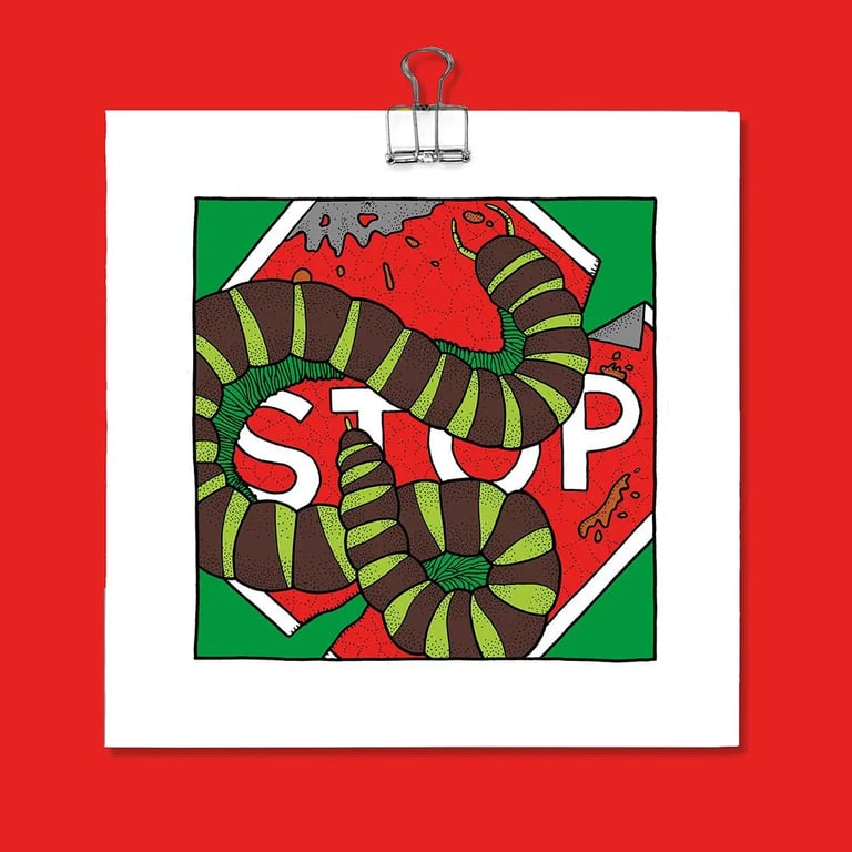 Stop sign with a Thai Green Millipede (a mini British Transport dystopia)