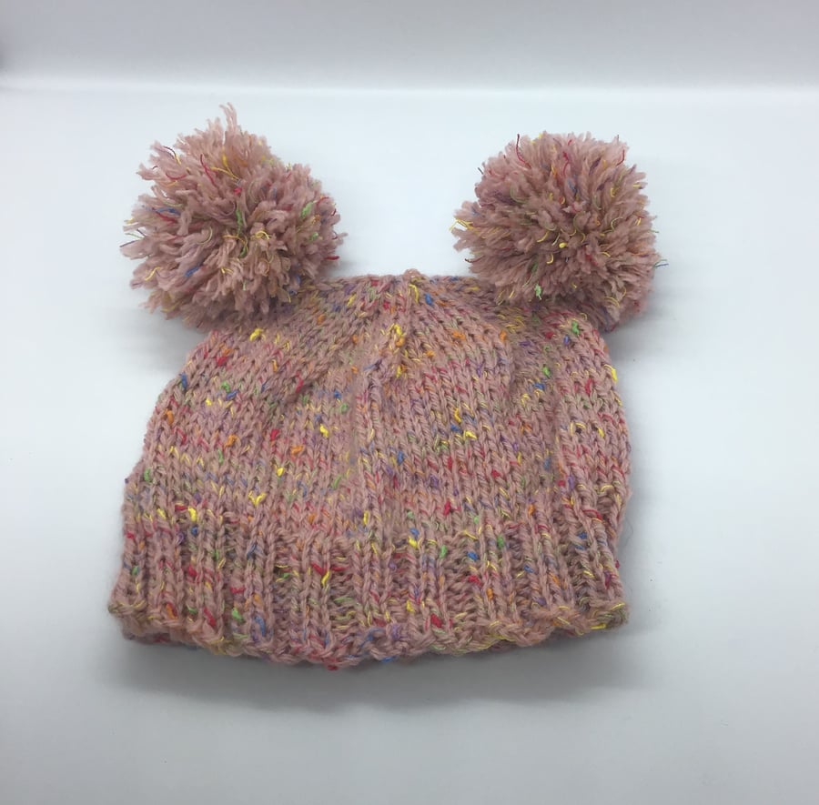 Double Pom Pom Hat Pink Flecked 3-6 months 