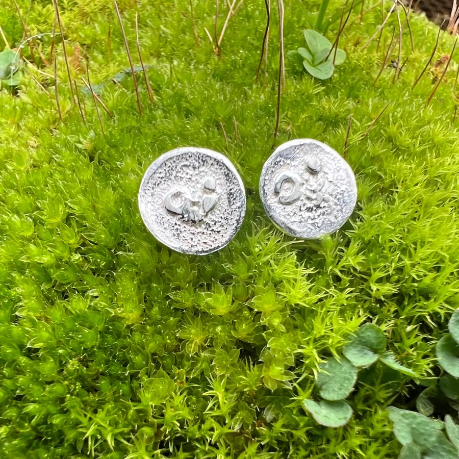 Eco Silver Textured Round Moon Stud Earrings