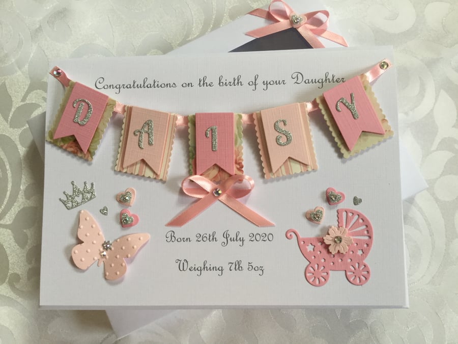 Personalised Handmade Gift Boxed New Baby Girl Card Keepsake 