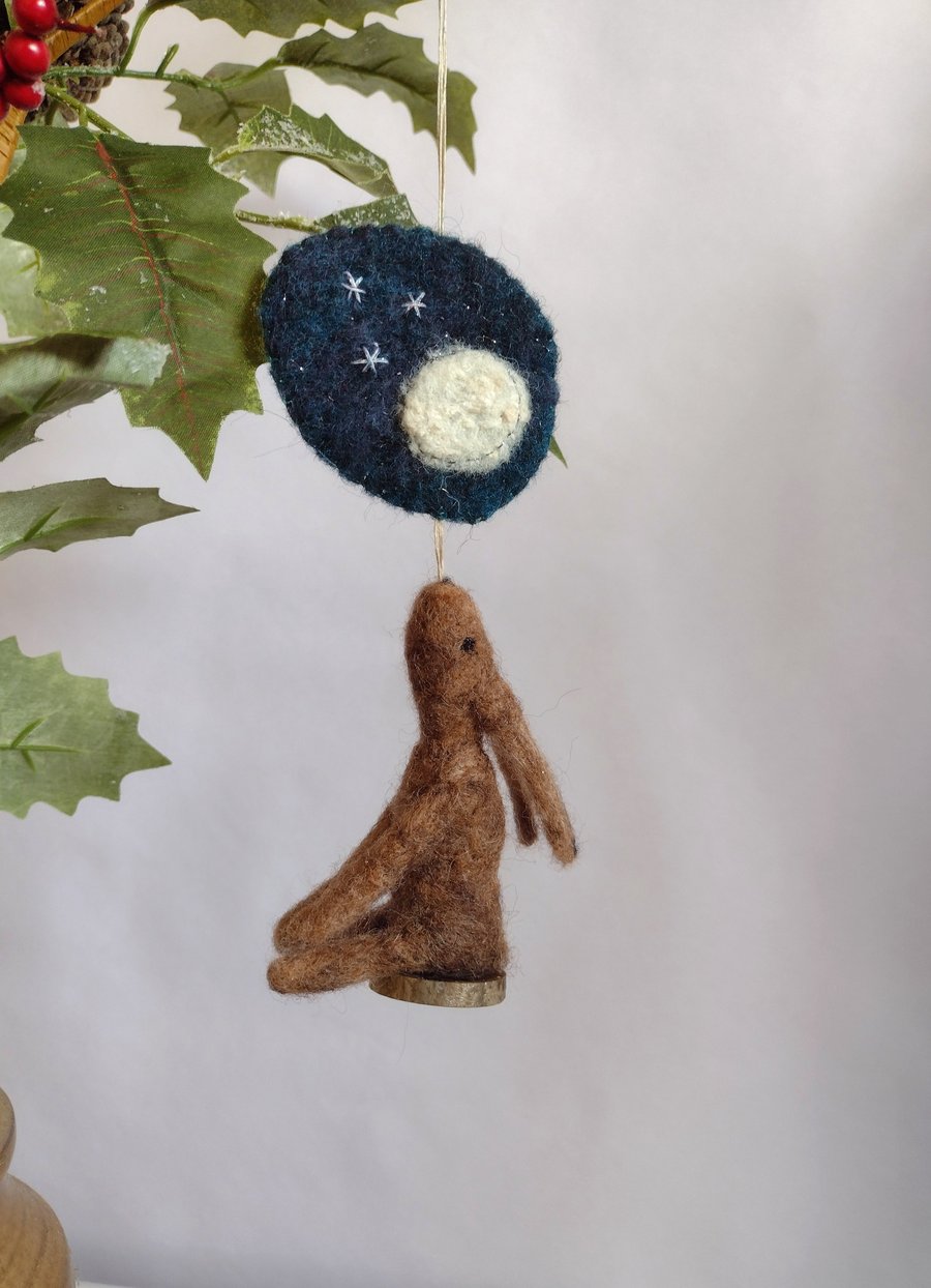 The hare and her two-faced moon, needle felted hanging decoration