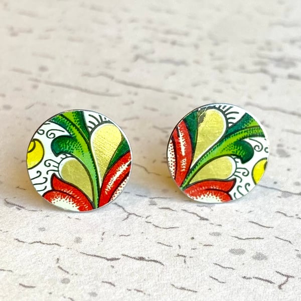 Recycled tin red, green & gold floral circle stud earrings