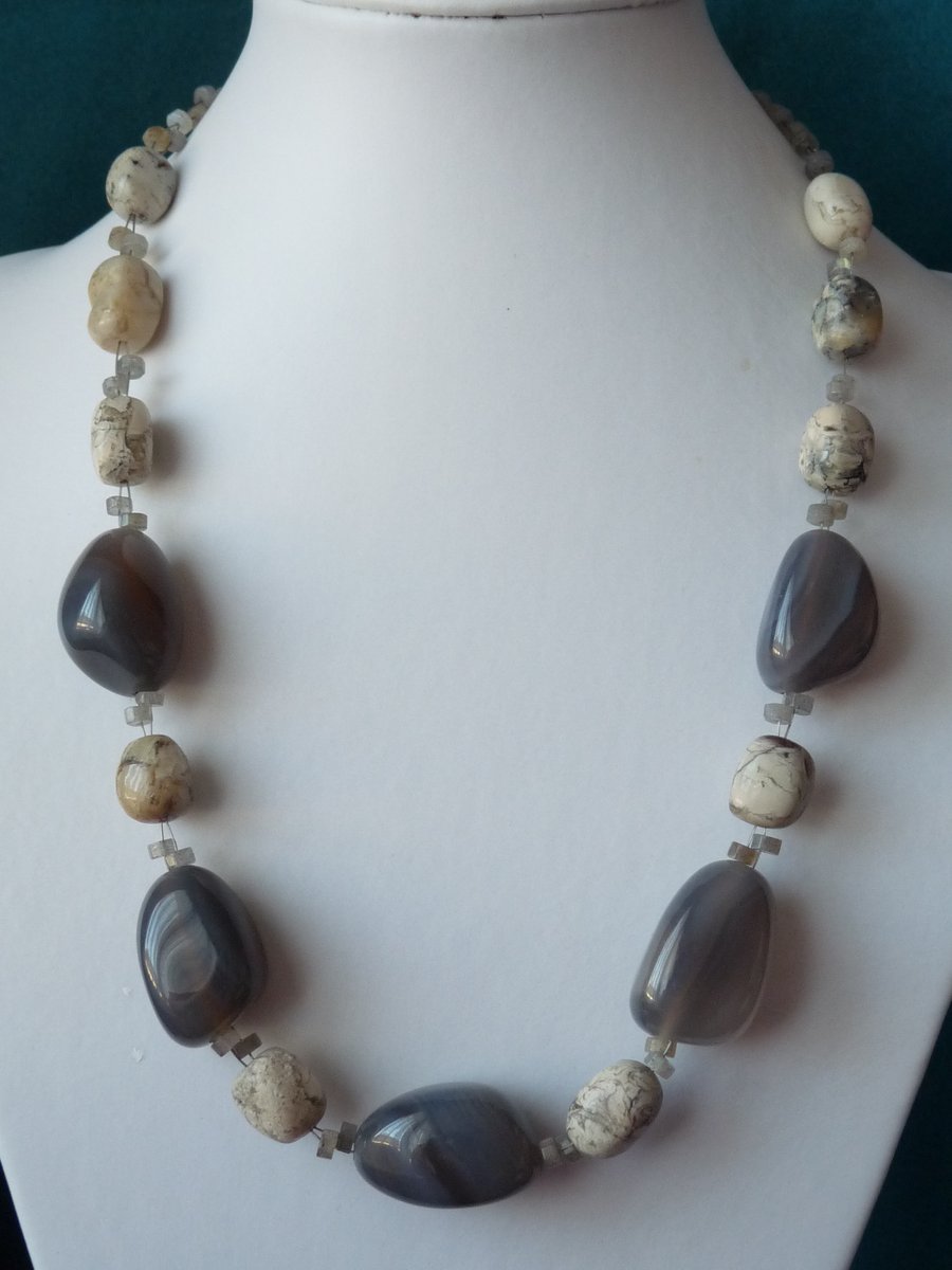 Agate, Labradorite & Natural Opal Necklace - Genuine Gemstone - Sterling Silver