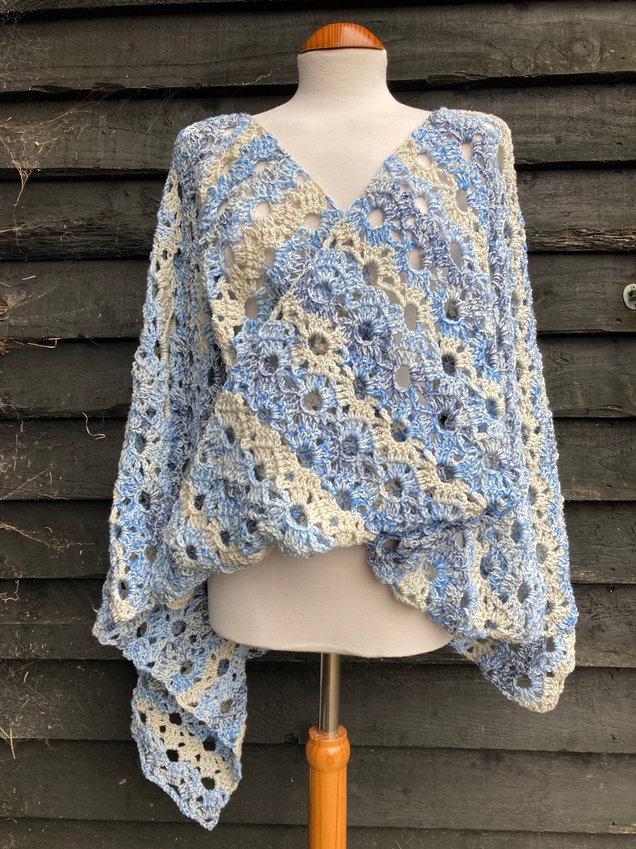 Light Blue Frothy Waves Rectangular Lace Wrap Oversized Scarf Wool Shawl