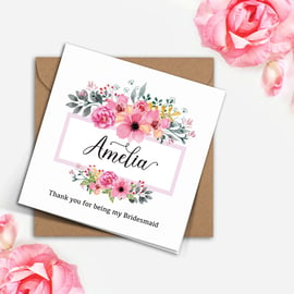 Pink wild flowers and greenery, blush pink frame, Bridesmaid invitation card