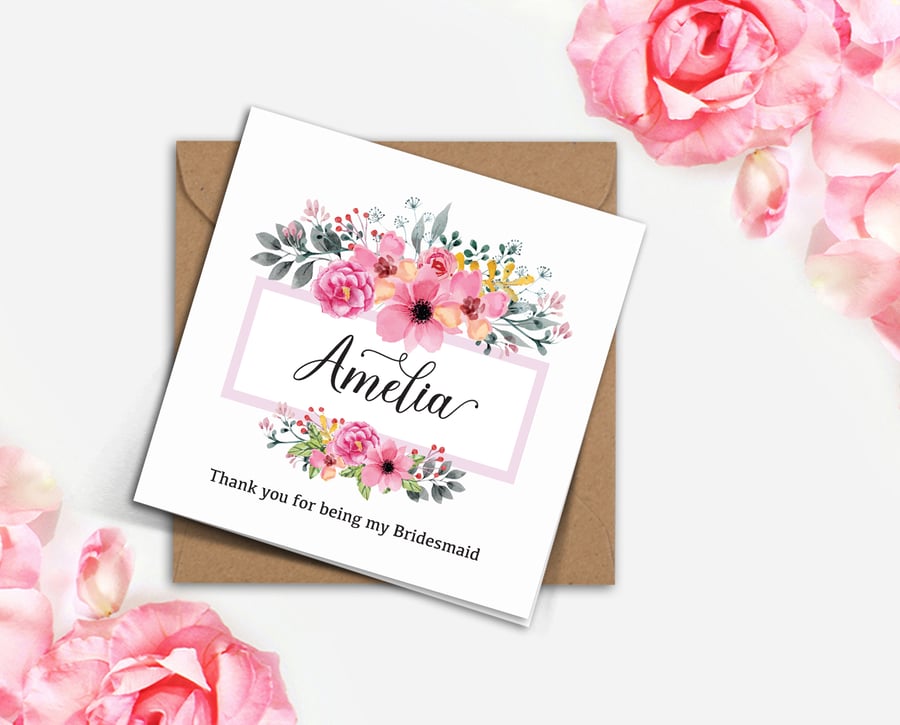 Pink wild flowers and greenery, blush pink frame, Bridesmaid invitation card
