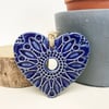 Small Ceramic heart hanging decoration Pottery Heart Folk art  Blue