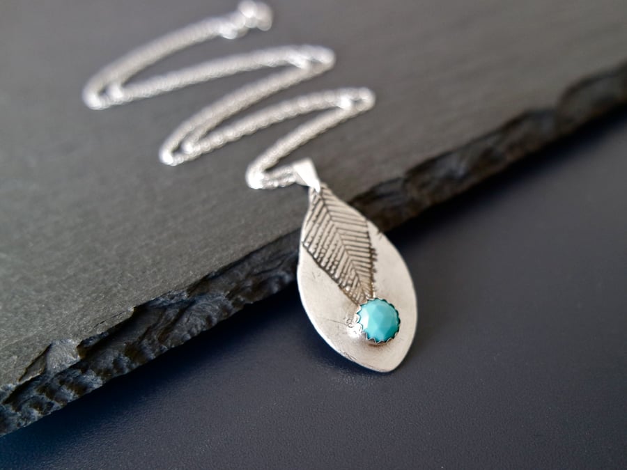 Turquoise feather leaf silver necklace, silver clay, sterling silver