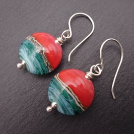 lampwork glass red and green earrings