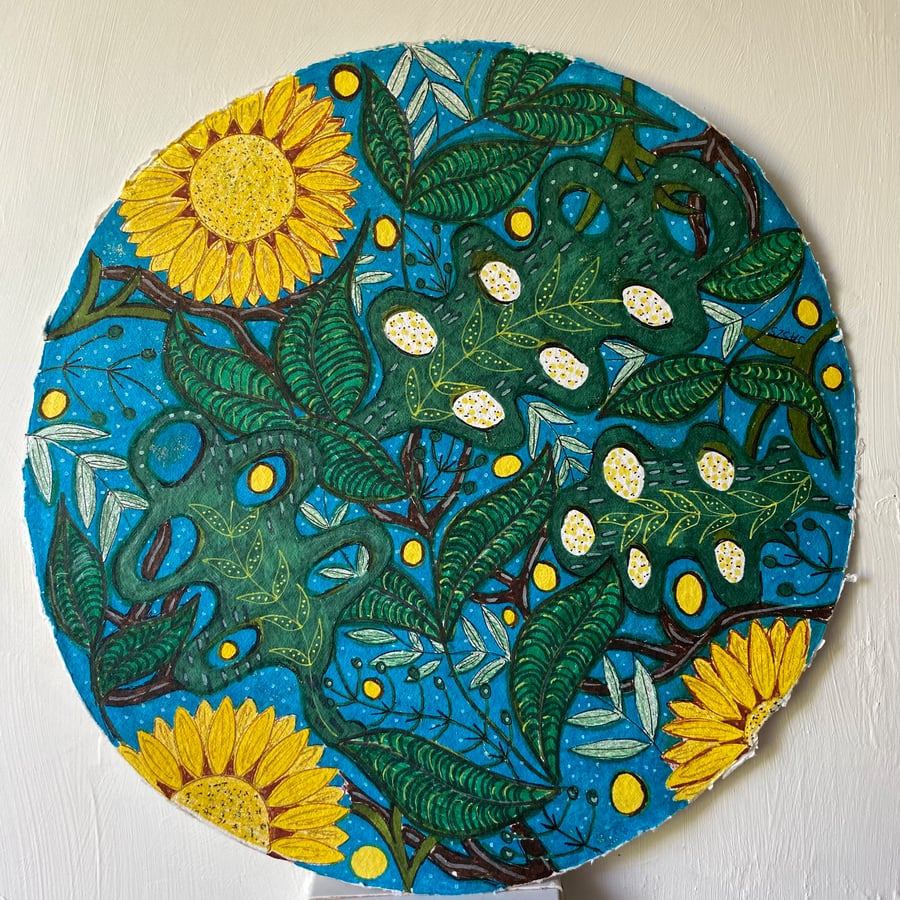 Original Abstract Nature drawing of Yellow Flowers in Nature 