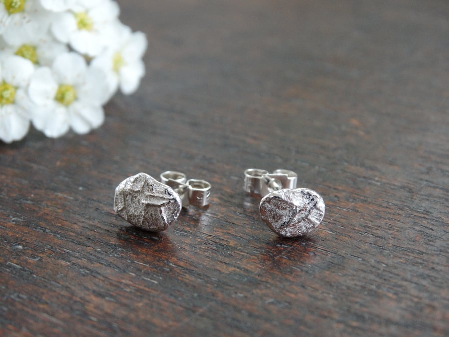 Silver stud earrings - molten textured recycled silver - mismatch earrings