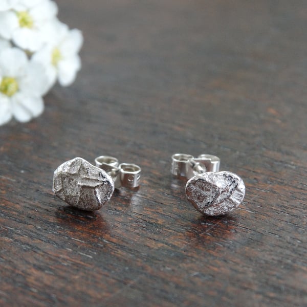 Landscape stud earrings - molten textured recycled silver - mismatch earrings