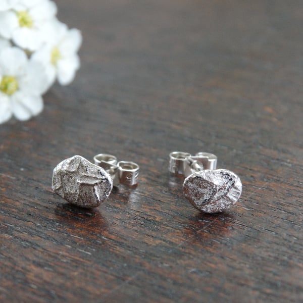 Silver stud earrings - molten textured recycled silver - mismatch earrings