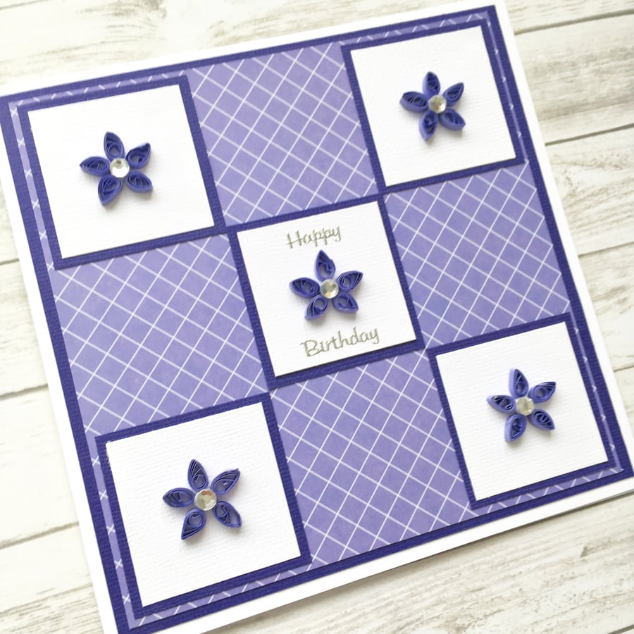 Birthday card - quilled flower patchwork quilt design