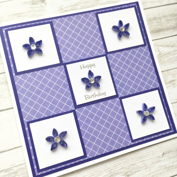 Birthday card - quilled flower patchwork quilt design