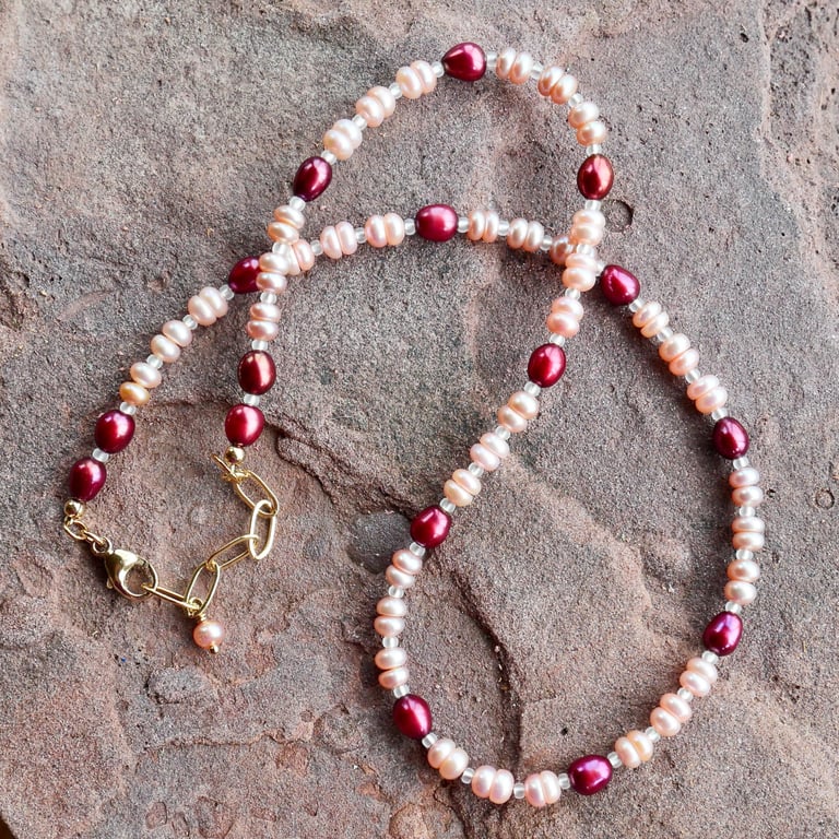 Pearl Necklace in Pale and Dark Pink - Adjustable 14k Gold Filled Clasp