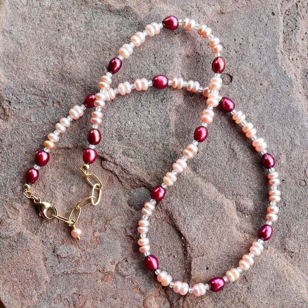 Pearl Necklace in Pale and Dark Pink - Adjustable 14k Gold Filled Clasp