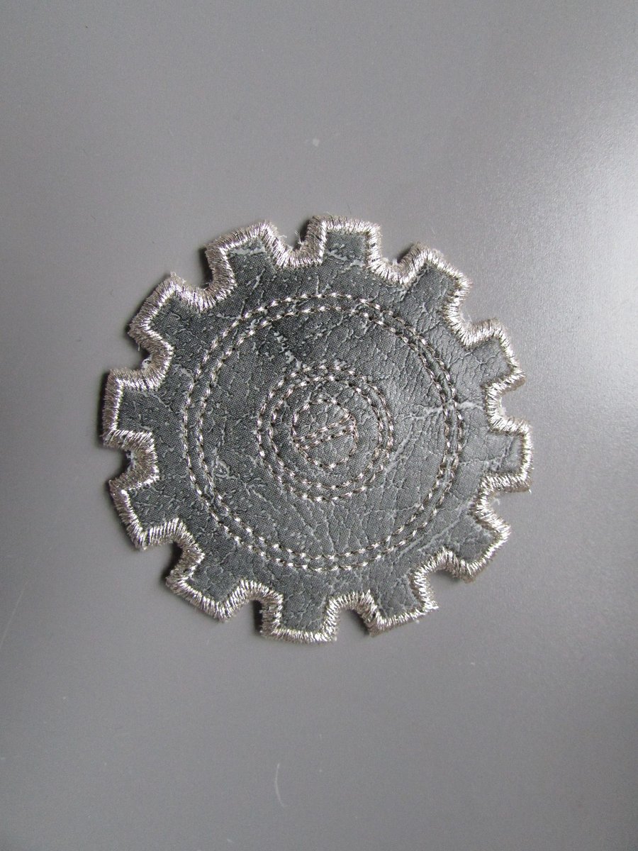 Embroidered Faux Grey Leather Cog Steampunk Applique