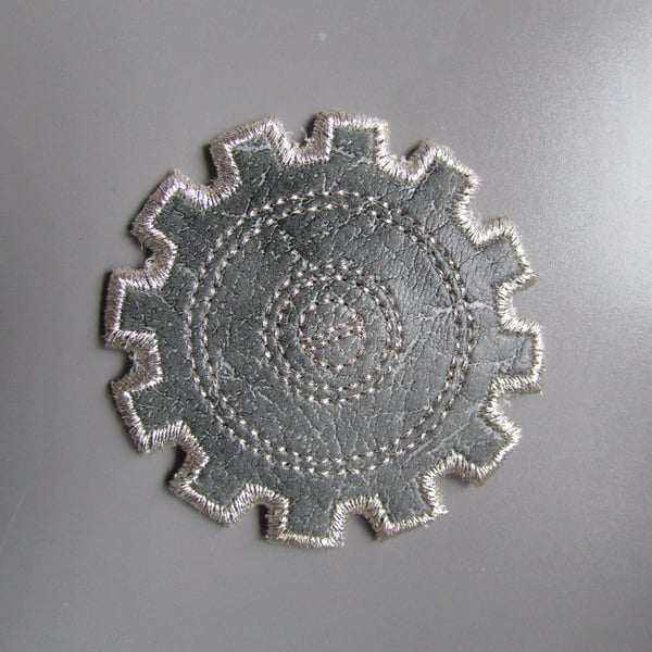 Embroidered Faux Grey Leather Cog Steampunk Applique