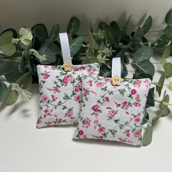 Set of 2 Lavender Sachets: Vintage Pink Rose Fabric, New Home, Sleep Pillows