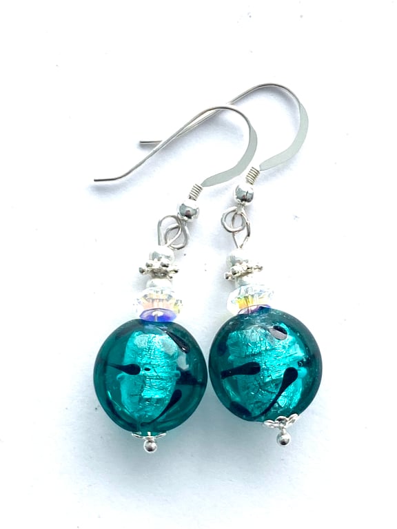Murano glass earrings with green lentil beads Swarovski and sterling silver.