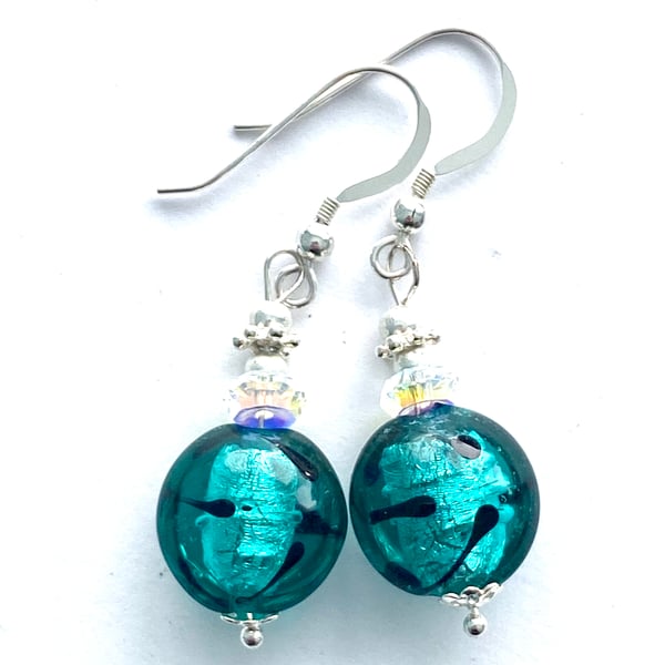 Murano glass earrings with green lentil beads Swarovski and sterling silver.