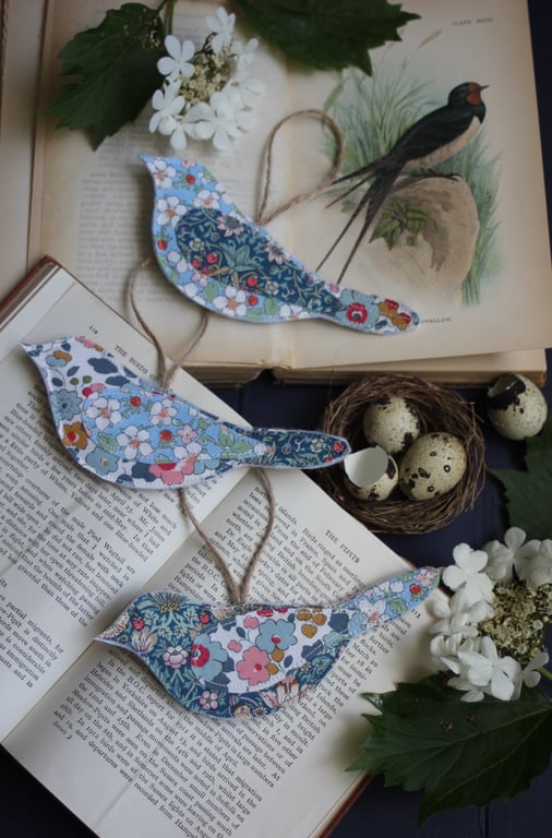 Fabric bird trio in Liberty pale blues