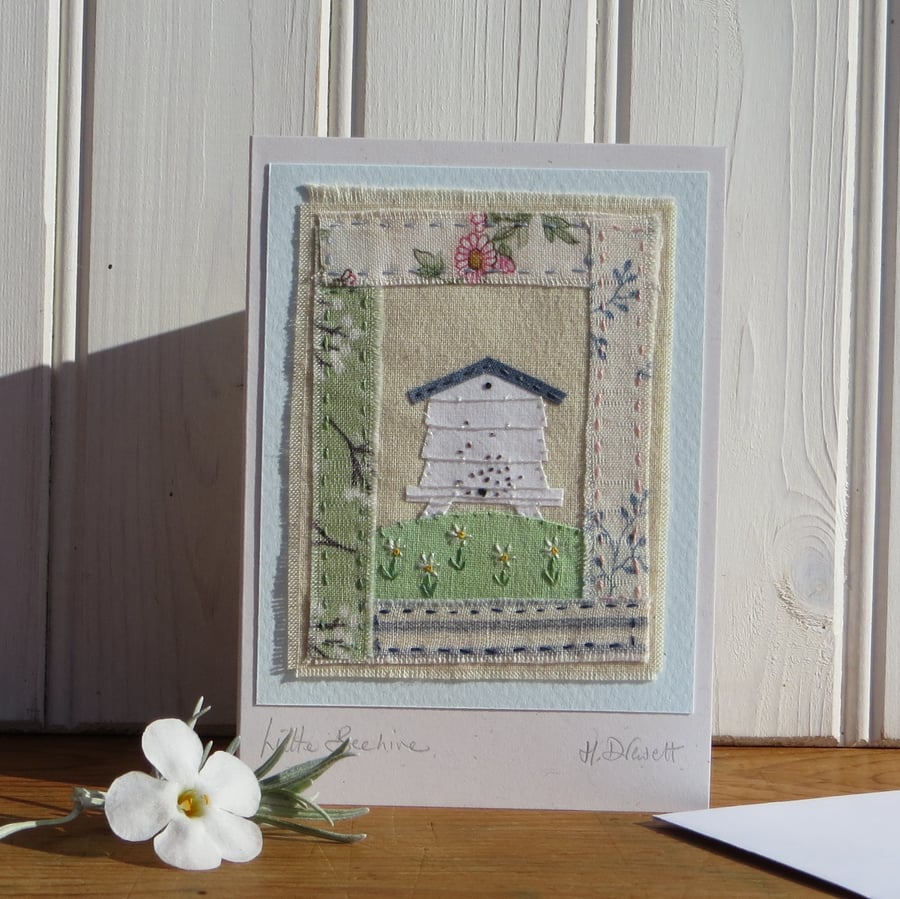 A Little Beehive hand-stitched card with embroidered bees and flowers