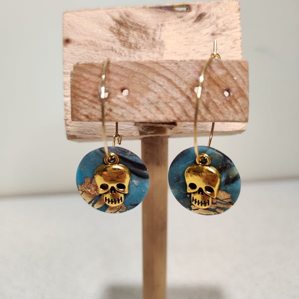 Marble aqua gold skull hoops 