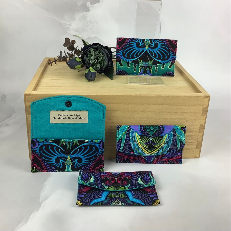 Turquoise geometric card case, Travel pass holder, Handmade