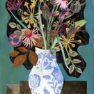 A3 art print - Autumn flowers in blue patterned vase (10)