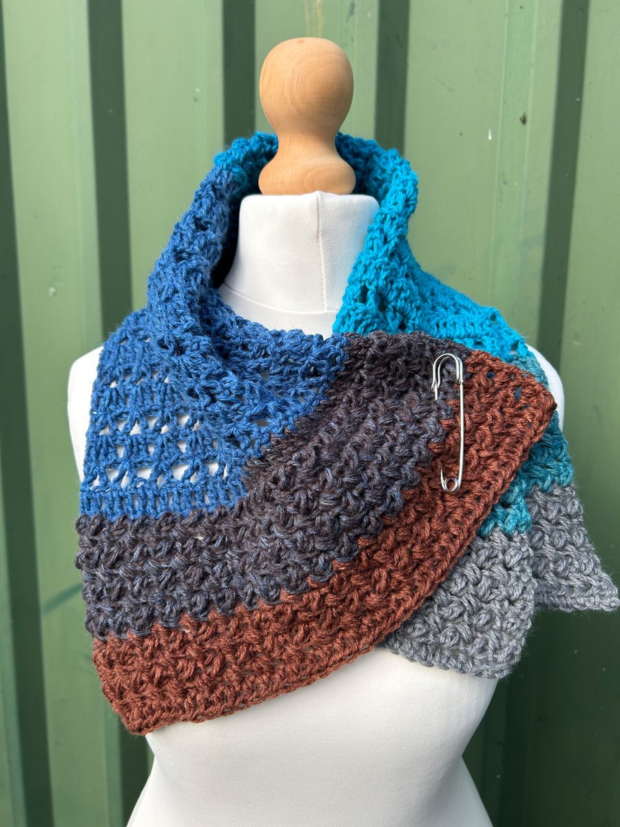 Blue grey and brown texture and lace handmade crochet neck warmer collar