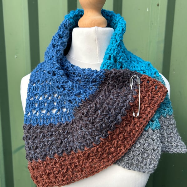 Blue grey and brown texture and lace handmade crochet neck warmer collar