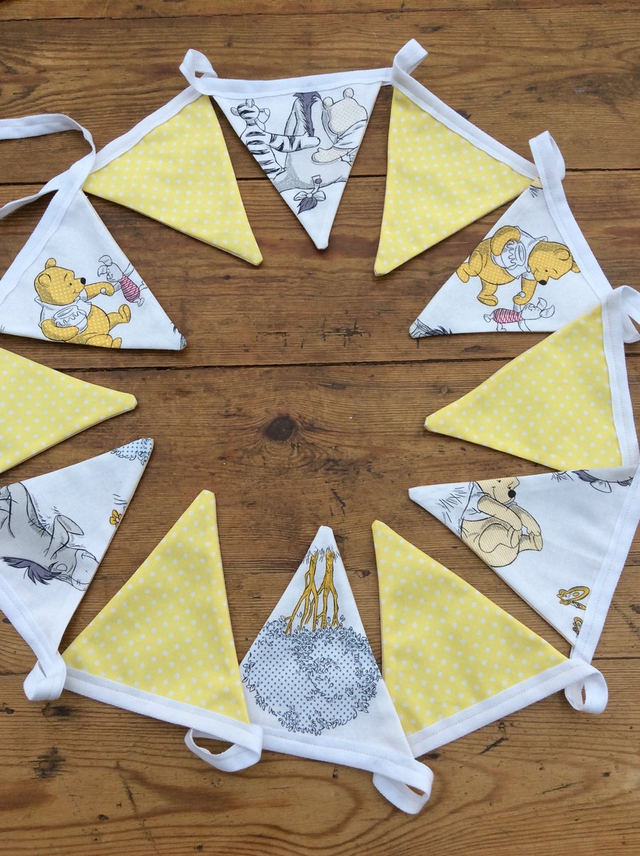 Bunting. Winnie The Pooh and Friends and lemon dotty fabric flags. 12 Flags.