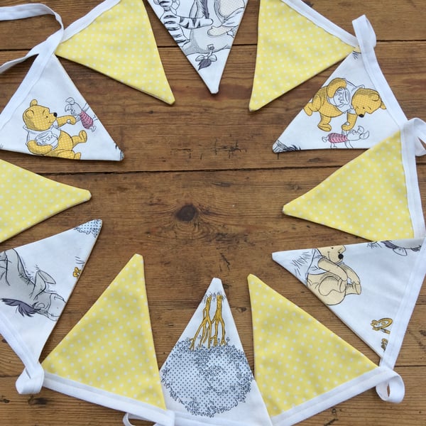 Bunting. Winnie The Pooh and Friends and lemon dotty fabric flags. 12 Flags.