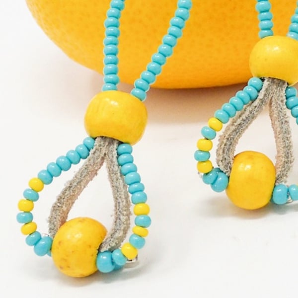 Turquoise and Yellow Beaded Dangle Earrings