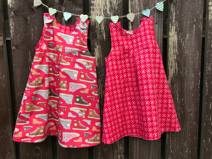 Age 4 years Reversible Dress in Baseball boot fabric 