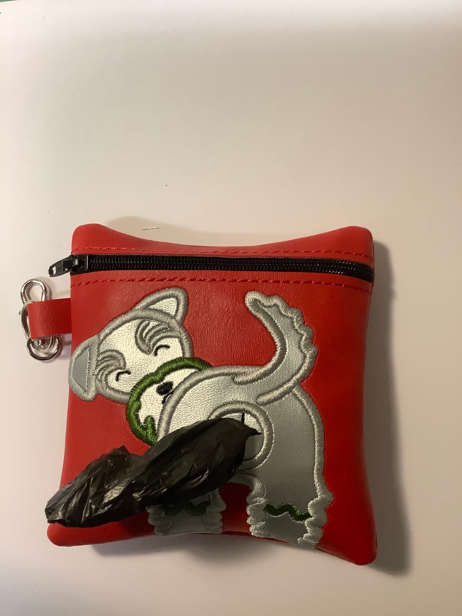Super nice Schnauzer Embroidered faux leather dog poo bag ,dog walking,