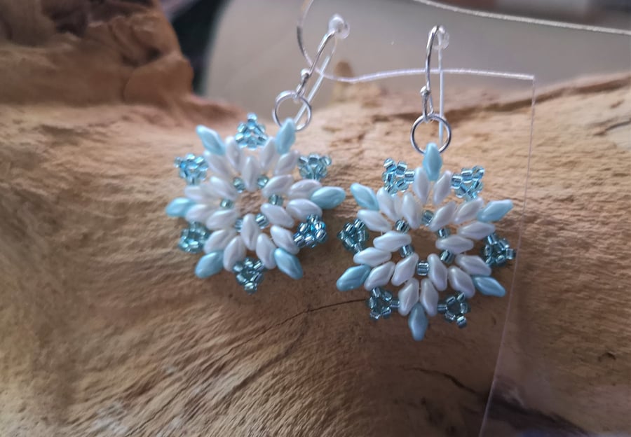 Snowflake blue and white earrings