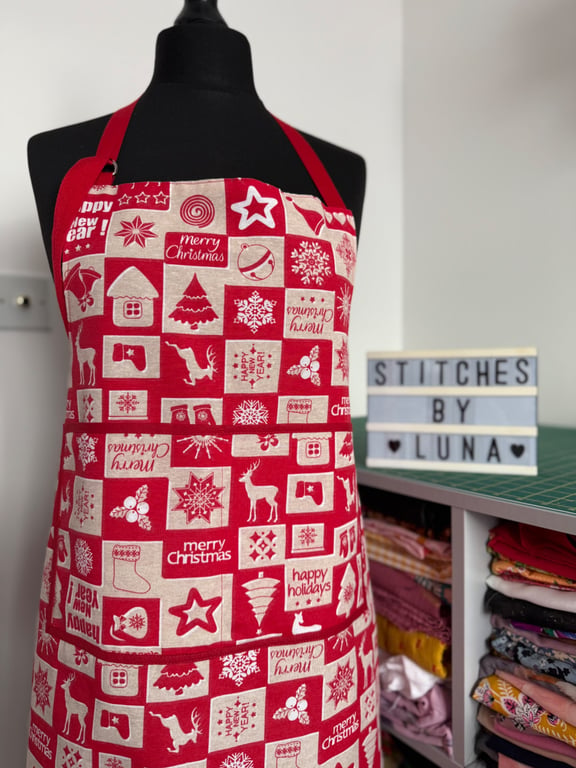 Handmade Red Patchwork Print Christmas Apron, Cotton Canvas Holiday Chef Apron
