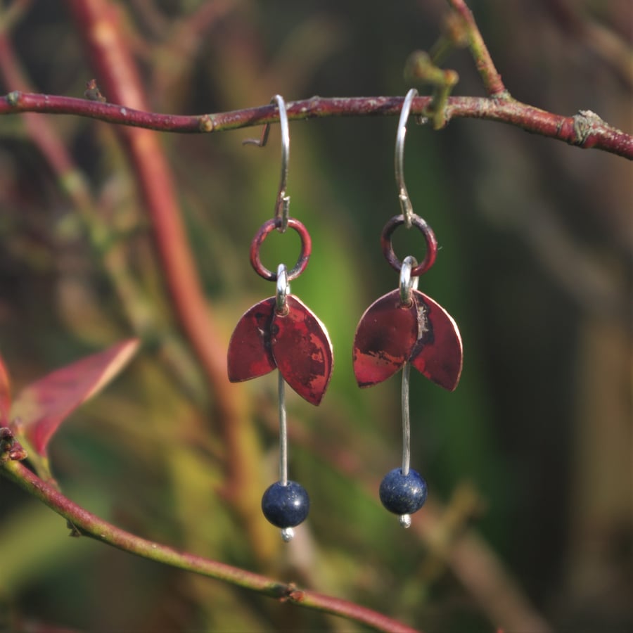 Copper Leaf Dangly Earrings with Lapis Lazuli Beads