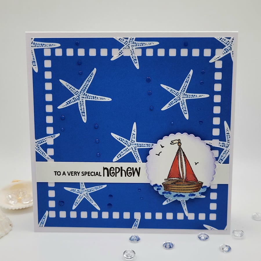 Nephew Birthday Card - Handmade, nautical, starfish, boat