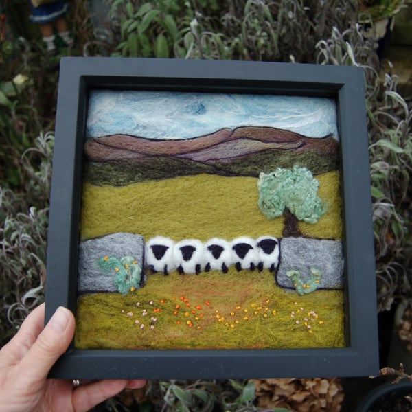 Five sheep stonewall wool painting.  Needlefelt picture with hand embroidery
