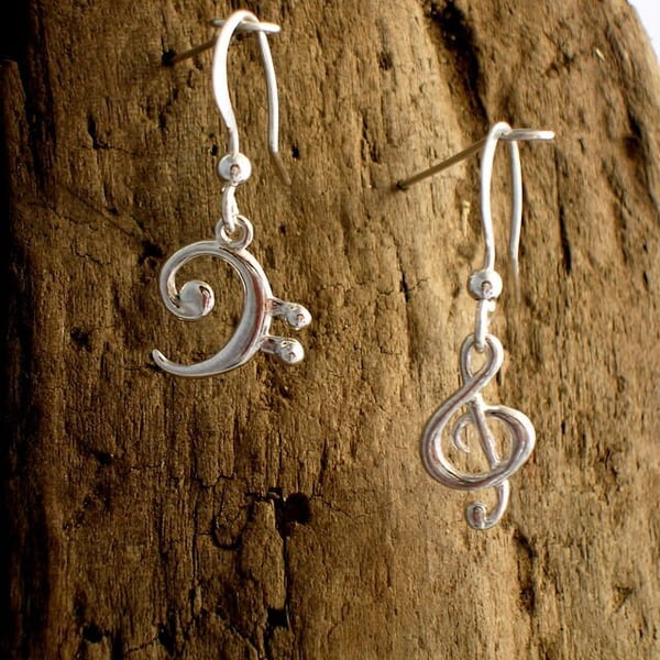 Silver Treble Clef and Bass Clef Earrings, Music Jewellery, Silver jewellery, Mu
