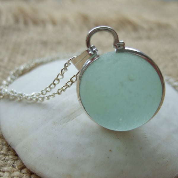 Sea glass codd marble necklace, silver plated bezel, sea glass marble necklace