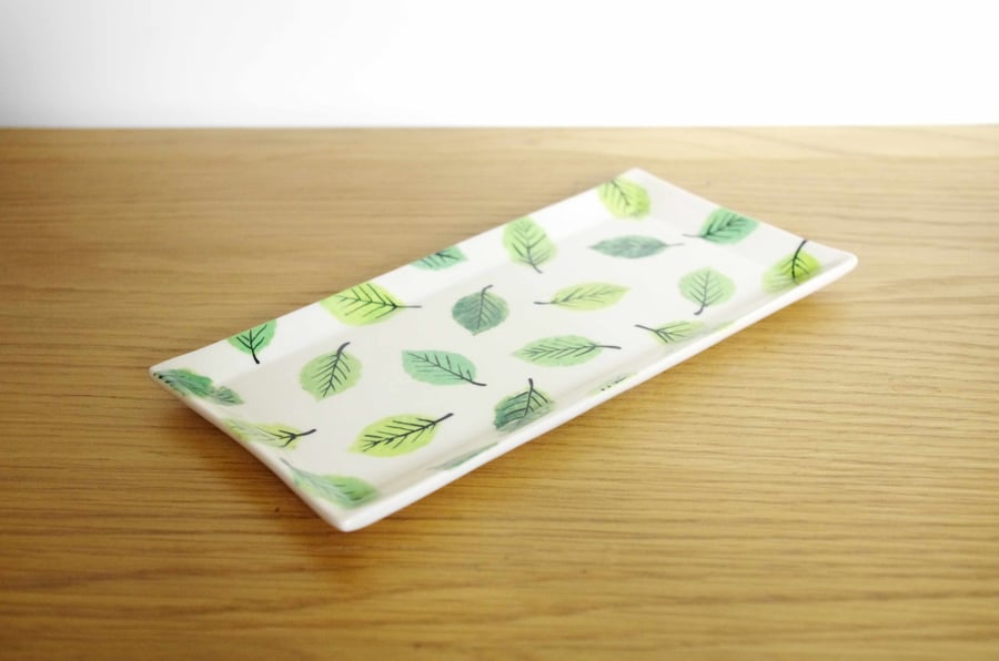 Small Rectangle Serving Platter - Pattern Green Beech Leaves 