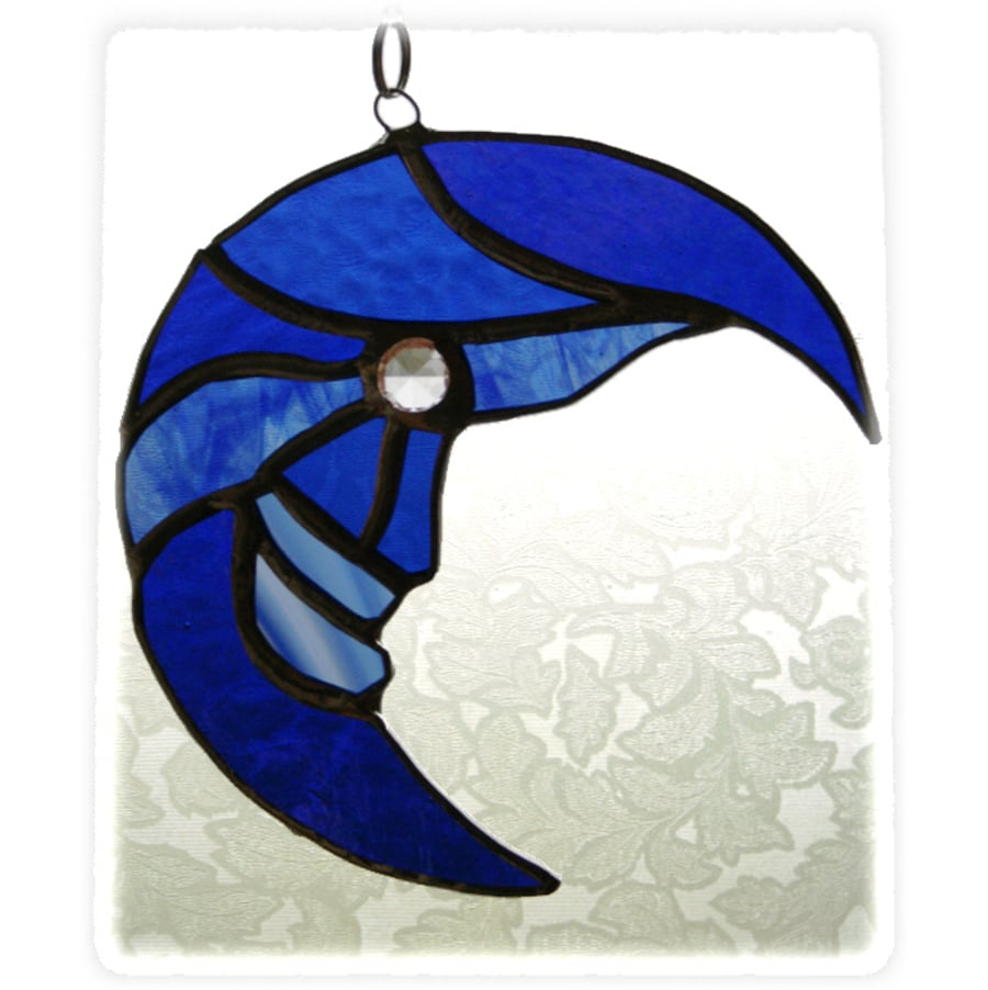 RESERVED for ABBY Crescent Moon Suncatcher Stained Glass Blue