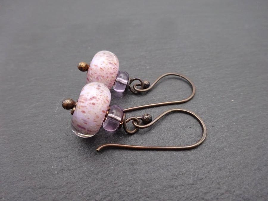 copper earrings, purple lampwork glass jewellery